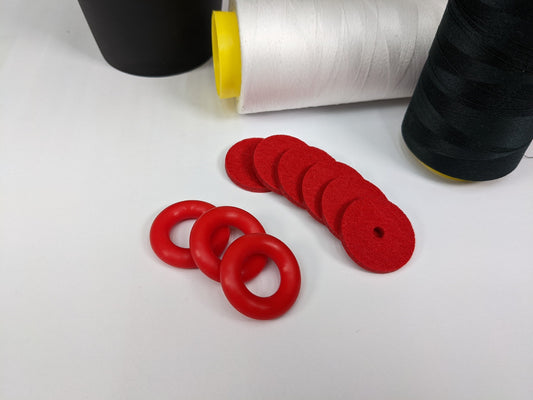 Red Bobbin Winder Tire With Red Felt Pads (3 Sets) Rubber tire for Singer Kenmore and most vintage sewing machines